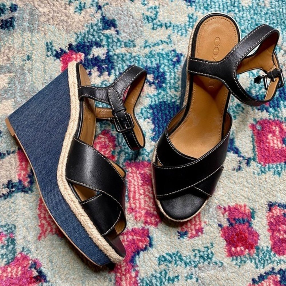 Coach Eaton Black Leather Denim Wedge Sandals Size 8.5 - Picture 2 of 13